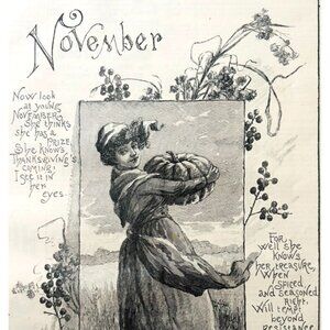 1886 November Poem Comins Wood Engraving Victorian Thanksgiving Pumpkin DWKK27C